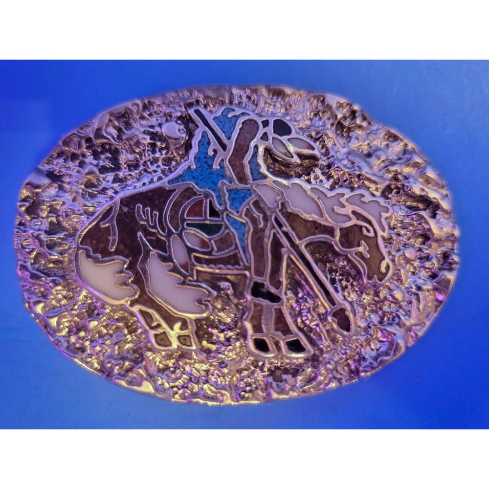 Collectible Vtg "End of the Trail" Western Belt Buckle Featuring Abalone/Jade